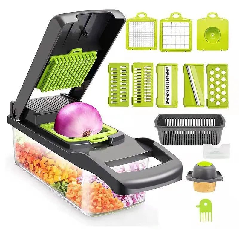 Transform Your Kitchen with the 12-in-1 Green and Black Multifunctional Vegetable Slicer and Chopper - Effortlessly Slice, Dice, and Grate!