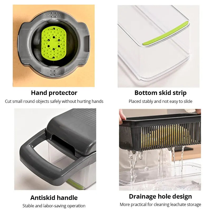 Transform Your Kitchen with the 12-in-1 Green and Black Multifunctional Vegetable Slicer and Chopper - Effortlessly Slice, Dice, and Grate!