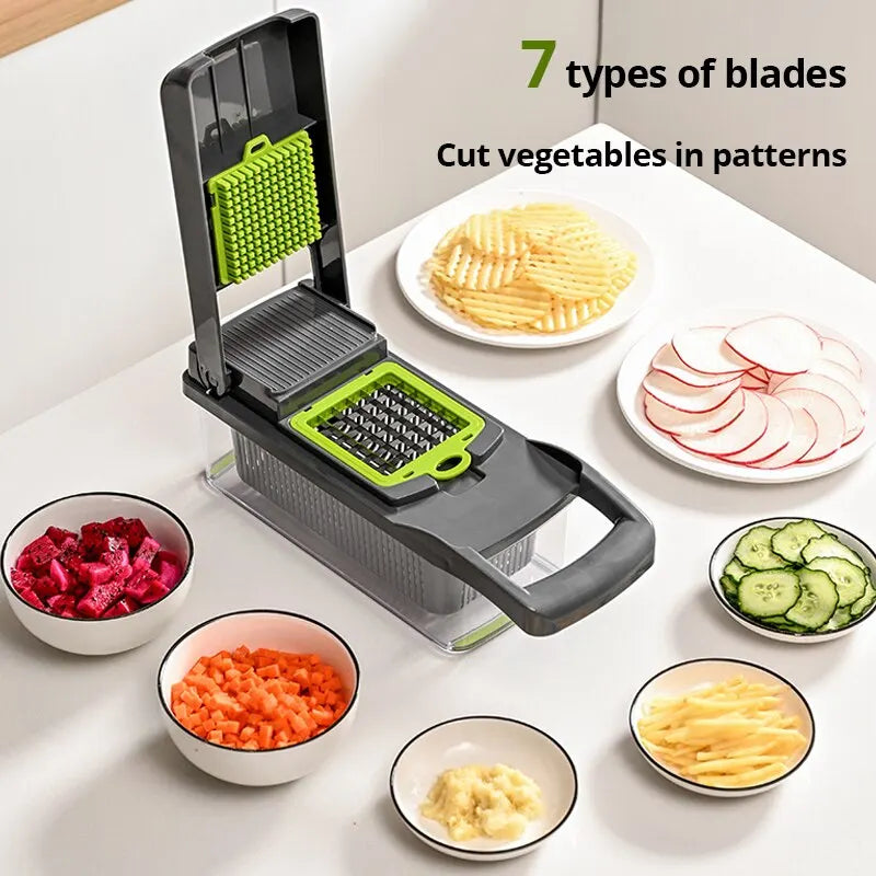 Transform Your Kitchen with the 12-in-1 Green and Black Multifunctional Vegetable Slicer and Chopper - Effortlessly Slice, Dice, and Grate!