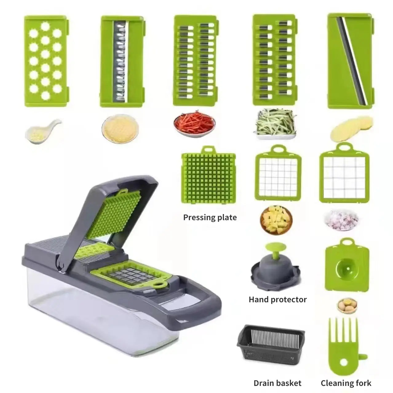 Transform Your Kitchen with the 12-in-1 Green and Black Multifunctional Vegetable Slicer and Chopper - Effortlessly Slice, Dice, and Grate!