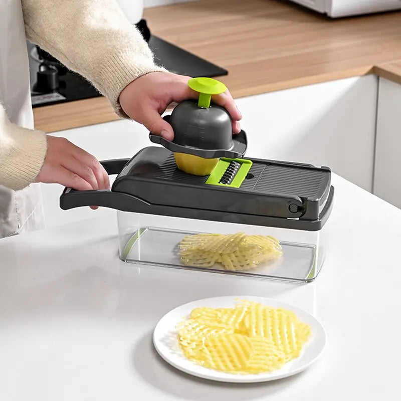 Transform Your Kitchen with the 12-in-1 Green and Black Multifunctional Vegetable Slicer and Chopper - Effortlessly Slice, Dice, and Grate!