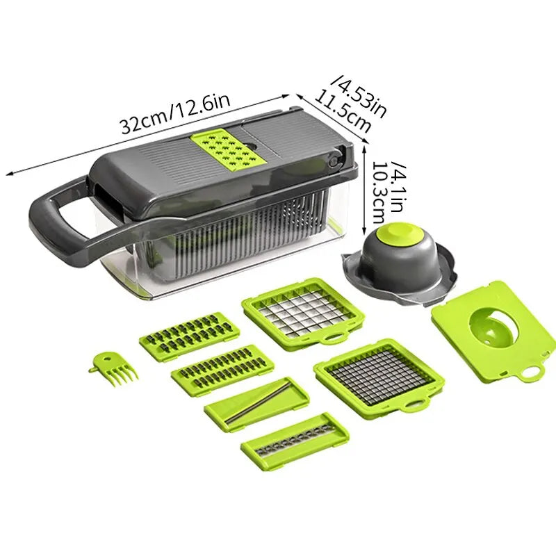 Transform Your Kitchen with the 12-in-1 Green and Black Multifunctional Vegetable Slicer and Chopper - Effortlessly Slice, Dice, and Grate!